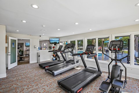 A gym with treadmills and elliptical machines.