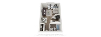 A 3d floor plan of a 1 bedroom apartment at Flats at 87Ten apartments