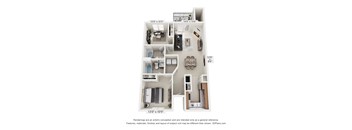 A 3D floor plan of a small apartment with a kitchen, living room, and bathroom.