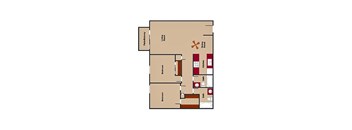 A floor plan of a house with a kitchen, living room, and bathrooms.