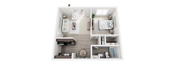 A top-down view of a small apartment with a kitchen, living room, and bedroom.