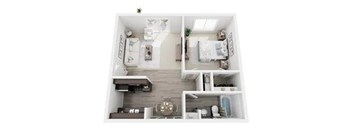 A white dollhouse with a kitchen, living room, and bedroom.