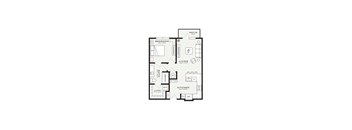 A black and white floor plan of a small apartment with a bedroom, living room, kitchen, and bathroom.