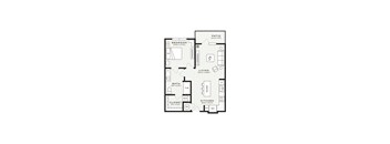 A floor plan of a small apartment with a bedroom, living room, kitchen, bathroom, and closet.