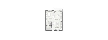 A floor plan of a small apartment with a bedroom, living room, kitchen, and bathroom.