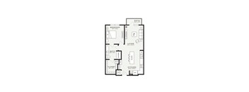 A black and white floor plan of a small apartment with a bedroom, living room, kitchen, bathroom, and closet.