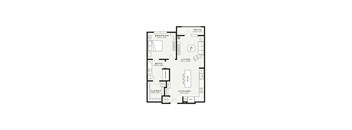 A floor plan of a small apartment with a bedroom, living room, kitchen, and bathroom.