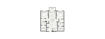 A black and white image of a floor plan for a house with three bedrooms, a living room, a dining room, a kitchen, two closets, a bathroom, and a laundry room.