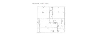 A floor plan of a 1 bedroom, 1 bath apartment.