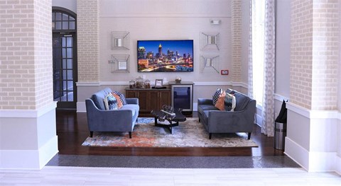 a living room with two couches and a television