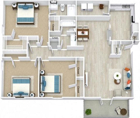 3 Bedrooms and 2 Bathrooms Floor Plans at Vinings RiverVue Apartments, Georgia, 30339