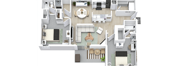 A floor plan of a house with a kitchen, living room, dining room, and bedrooms.