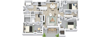 A top-down view of a house layout with a kitchen, living room, dining room, and bedrooms.