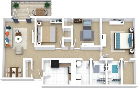 3 bedroom 2 bathroom floor plan at Fairway View Apartments, Lawrenceville, Georgia