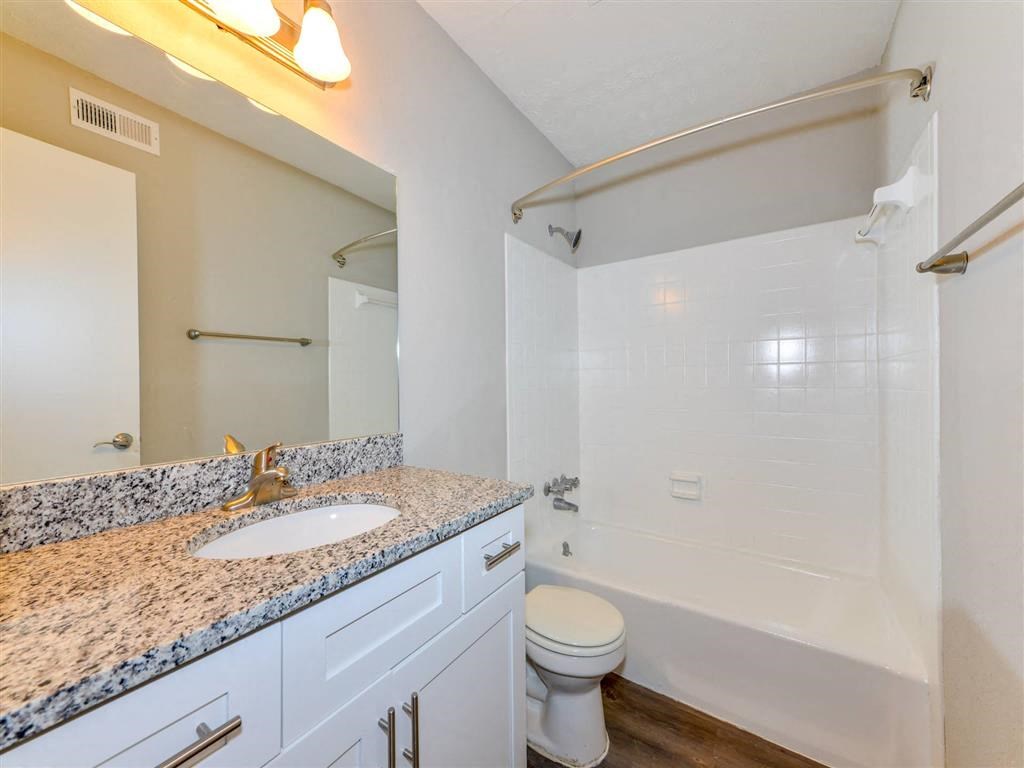 a bathroom with a sink and a shower and a toilet