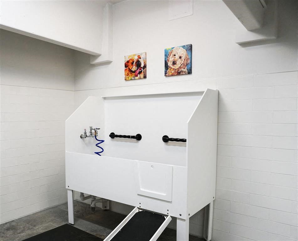 a bathroom with a urinal and two paintings on the wall