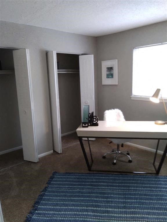 a room with a desk and a mirror and a blue rug