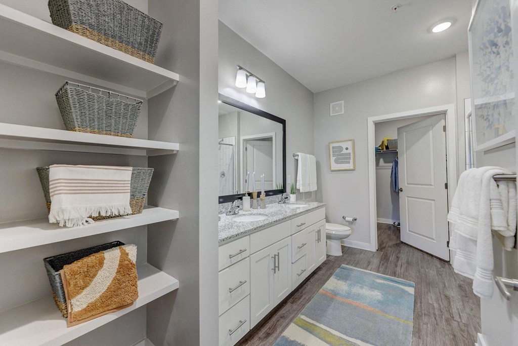 a bathroom with a sink and a mirror at Century Mundy Mill Apartments, Georgia 30566