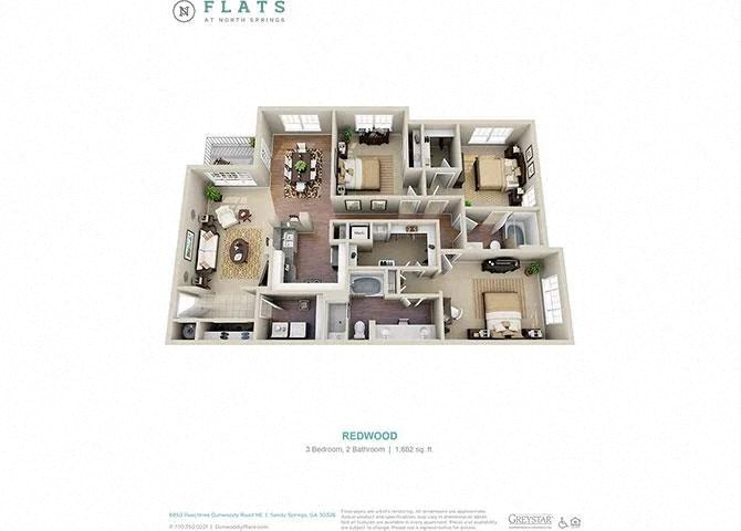 a floor plan of a 3 bedroom apartment at Flats at North Springs, Sandy Springs, GA