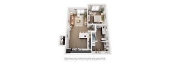 A top-down view of a well-organized apartment with a kitchen, living room, and bathroom.