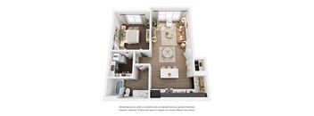 A floor plan of a two-story apartment with a living room, kitchen, and bathroom.