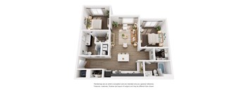 A white floor plan of a house with a kitchen, living room, and two bedrooms.