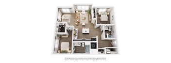 A top-down view of a modern apartment layout with a kitchen, living room, and bedrooms.