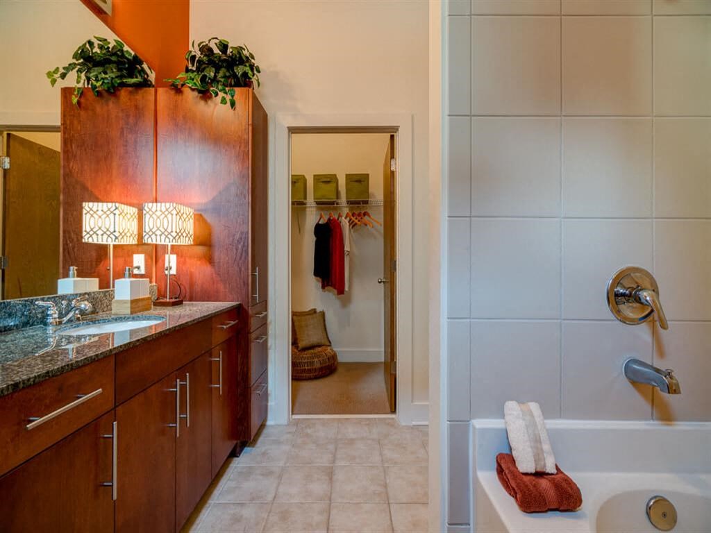 a bathroom with a tub and a sink and a mirror
