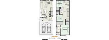 A floor plan of a two-story home with a garage.