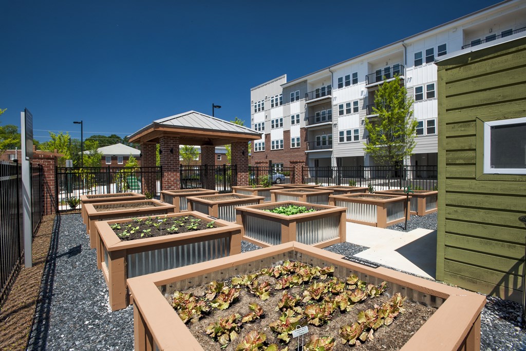 a community garden with raised beds and a gazebo at Marley EAV, Atlanta, GA, 30316