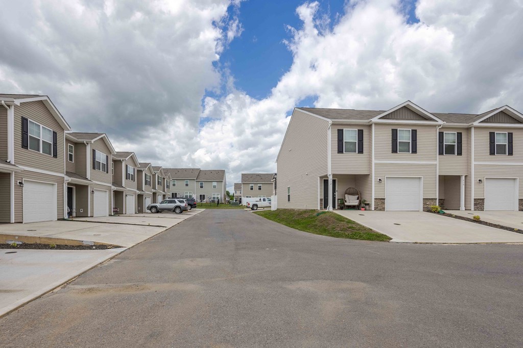 a row of houses with a street in front of them