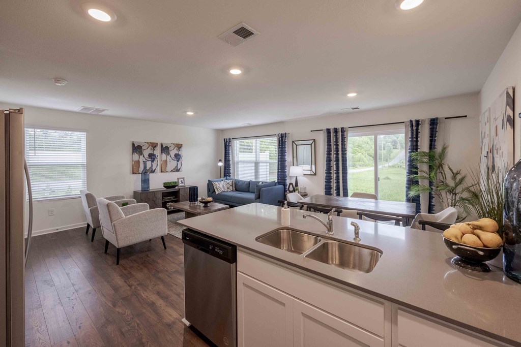 a kitchen with a sink and a view of a living room