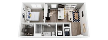 A top down view of a small apartment with a kitchen, bathroom, and living room.
