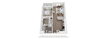 a 3d furnished floor plan of a 1 bedroom apartment
