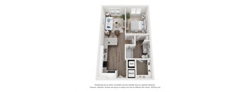 a 3d furnished floor plan of a 1 bedroom apartment