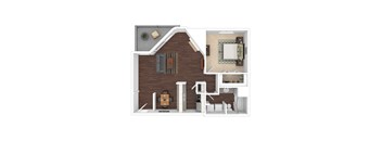 A 3D rendered image of a house with a kitchen and living room.
