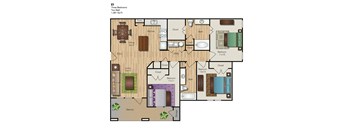 A floor plan of a three bedroom apartment with two bathrooms.