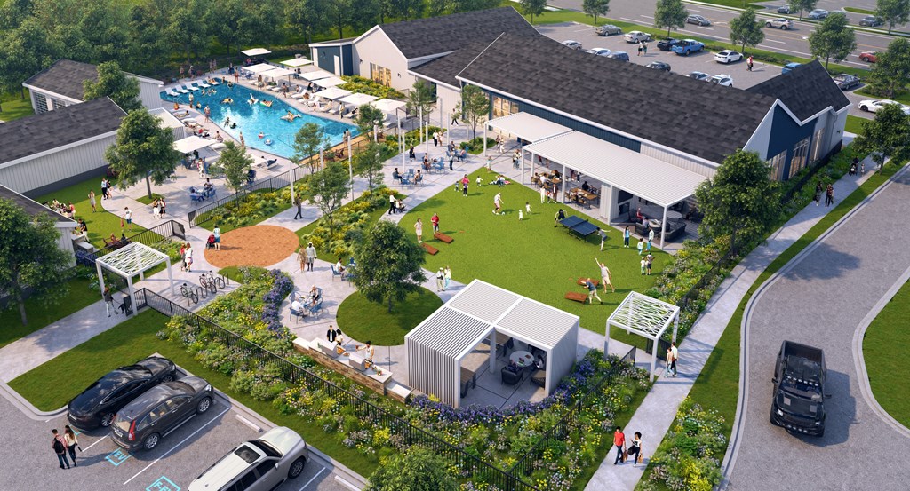 A large outdoor recreational area with a swimming pool, playground, and picnic tables.