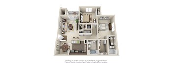 A 3D floor plan of a house with a kitchen, living room, and bathroom.