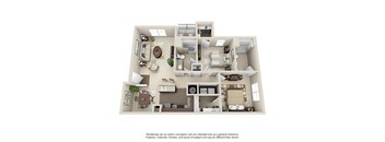 A 3D floor plan of a house with furniture and appliances.