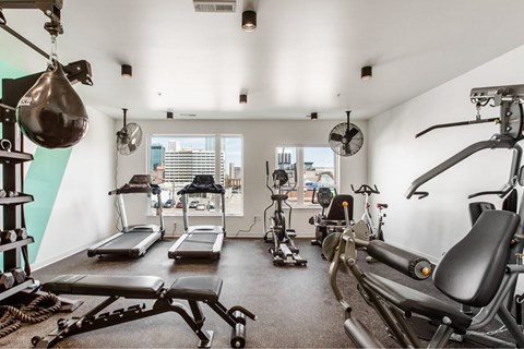 A well-equipped home gym with a view of the city.
