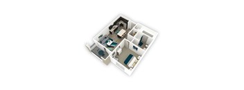 A 3D floor plan of a small apartment with a kitchen, living room, and two bedrooms.