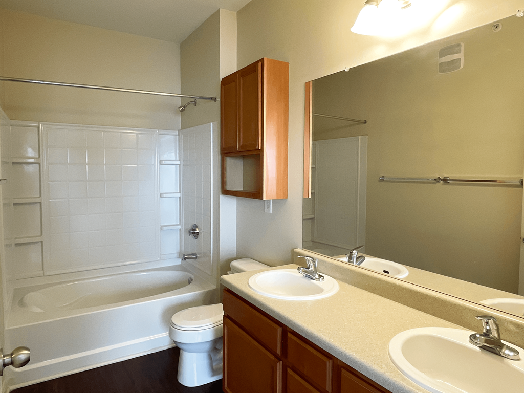 a bathroom with a sink toilet and bath tub and a mirror