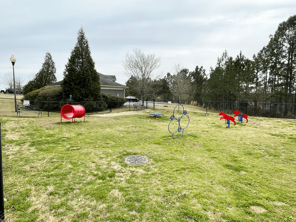 a park with playground equipment in a field