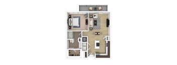 A top-down view of a small apartment with a kitchen, living room, and bedroom.