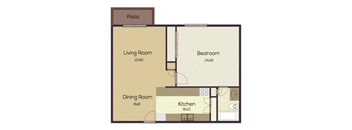A floor plan of a house with a living room, dining room, kitchen, and bedroom.