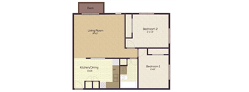 A floor plan of a house with a deck, two bedrooms, a living room, and a kitchen/dining area.
