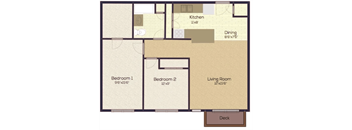A floor plan of a house with a kitchen, dining area, two bedrooms, a living room, and a deck.