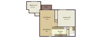 A floor plan of a house with a living room, dining room, kitchen, two bedrooms and a patio.