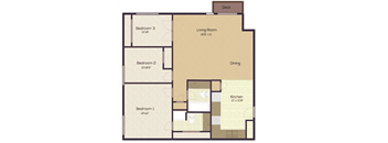 A floor plan of a house with three bedrooms and a deck.